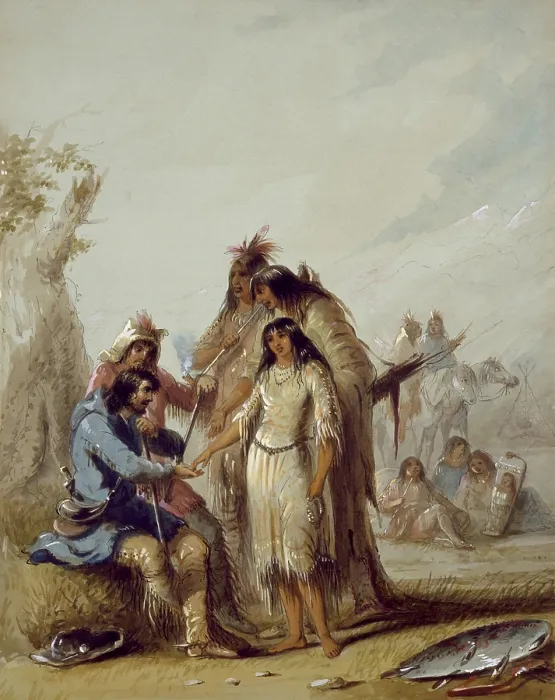 Framed Print : THE TRAPPERS BRIDE, 1858-1860, by Alfred Jacob Miller, painting, watercolor on paper. A trapper is taking a wife, or possibly purchasing one