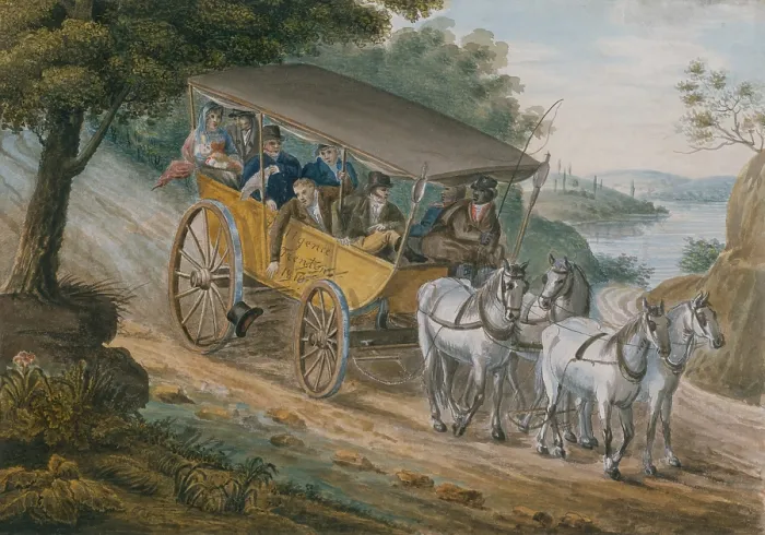Framed Print : Travel by Stagecoach Near Trenton, New Jersey, 1811-13, by Pavel Petrovich Svinin. As the coach negotiates traveling downhill, a passenger drops his top hat to the road Framed Print : Travel by Stagecoach Near Trenton, New Jersey, 1811-13, by Pavel Petrovich Svinin. As the coach negotiates traveling downhill, a passenger drops his top hat to the road