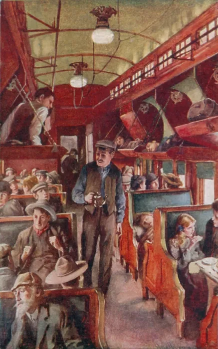 Framed Print : Travelers in a Pullman car crossing the plains of Canada. Ca. 1910. Some passengers sleep in the overhead berths during the daytime travel