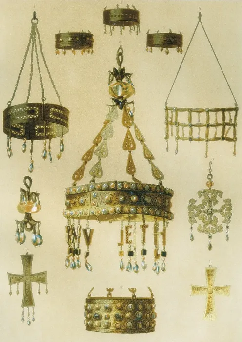 Framed Print : Treasure of Guarrazar. Set of Visigothic gold crowns and crosses (6th - 7th century). Engraving. SPAIN. Barcelona. Sant Jordi Catalan Royal Academy of Fine Arts