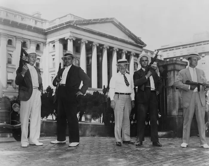 Framed Print : Treasury Dept. guards shipment of silver dollars from Philadelphia mint, 1935. The machine gun armed agents stand outside the Treasury building. (BSLOC_2013_8_161) Framed Print : Treasury Dept. guards shipment of silver dollars from Philadelphia mint, 1935. The machine gun armed agents stand outside the Treasury building. (BSLOC_2013_8_161)