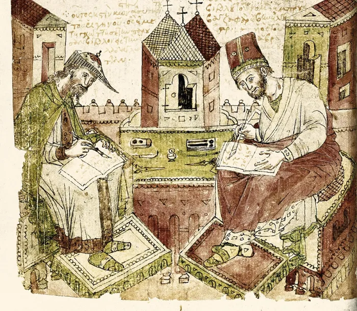 Framed Print : Treatise on medicine14th - 15th centuries. Representation of two doctors (detail).. Renaissance art. Miniature Painting. SPAIN. Madrid. National Library