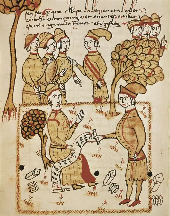Framed Print : Treatise on Surveying' by Arnau de Vilanova (Arnaud de Villeneuve). Mss. 327fol. 197r with a picture by Bertrand Boysset: Surveyor in a field. Gothic art. Miniature Painting