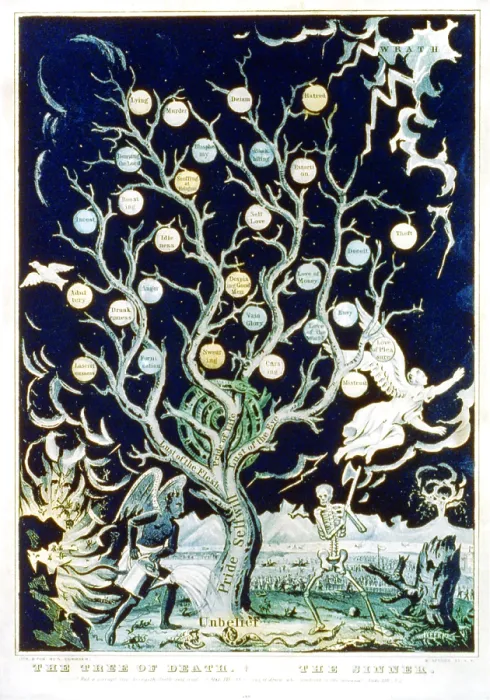 Framed Print : The Tree of Death - The Sinner, devil watering tree of sins and skeleton about to chop it down, lithograph, Published by Currier & Ives, 1835-1855