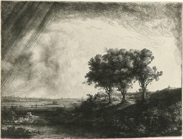 Framed Print : The Three Trees, by Rembrandt van Rijn, 1643, Dutch print, etching with drypoint and engraving on paper