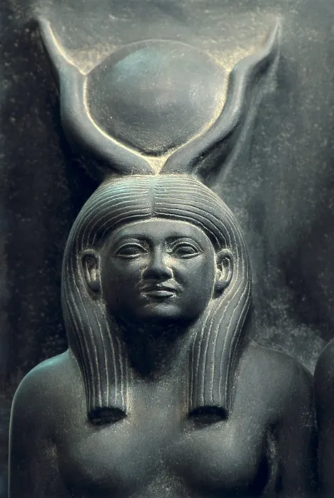 Framed Print : Triad of Menkaure (Mycerinus) with the goddess Hathor and the goddess of the Aphroditopolis nome. 2490 BC. Left detail depicting goddess Hathor