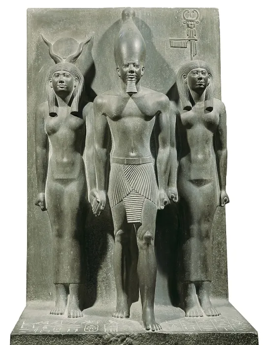 Framed Print : Triad of Menkaure (Mycerinus) with the goddess Hathor and the goddess of the Aphroditopolis nome. 2490 BC