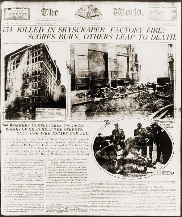 Framed Print : Triangle Shirtwaist Company fire reported on the front page of The New York World newspaper for March 16, 1911 Framed Print : Triangle Shirtwaist Company fire reported on the front page of The New York World newspaper for March 16, 1911
