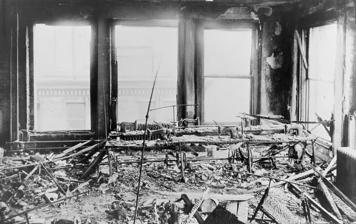 Framed Print : Triangle Shirtwaist Factory interior, with destroyed sewing machines, gutted by a fire that killed 146 on March 15, 1911