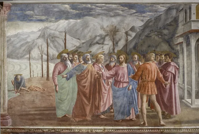 Framed Print : Tribute Money (Tributo), by Masaccio, 1425-1427, 15th Century, fresco, 255 x 598 cm - Italy, Tuscany, Florence, Church of Santa Maria del Carmine, Brancacci Chapel. Detail