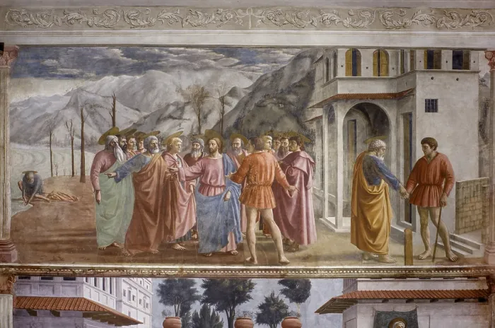Framed Print : Tribute Money (Tributo), by Masaccio, 1425-1427, 15th Century, fresco, 255 x 598 cm - Italy, Tuscany, Florence, Church of Santa Maria del Carmine, Brancacci Chapel