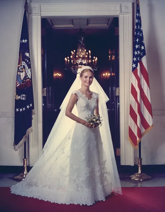 Framed Print : Tricia Nixon (b. 1946) in her wedding gown. The oldest daughter of President Richard Nixon married Edward Cox in the White House Rose Garden on June 12, 1971