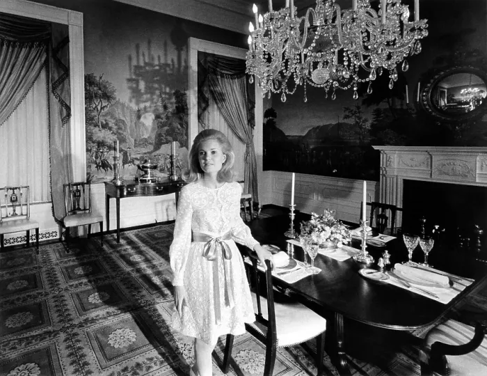 Framed Print : Tricia Nixon in second floor Family Dining Room. She wears a lace dress with a satin ribbon at the waist. Ca. 1971. (CSU_ALPHA_664) CSU Archives / Everett Collection