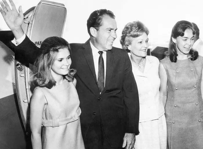Framed Print : Tricia Nixon, Former Vice President Richard Nixon, Pat Nixon, and Julie Nixon, leaving New York from Kennedy International Airport, June 4, 1967 Framed Print : Tricia Nixon, Former Vice President Richard Nixon, Pat Nixon, and Julie Nixon, leaving New York from Kennedy International Airport, June 4, 1967