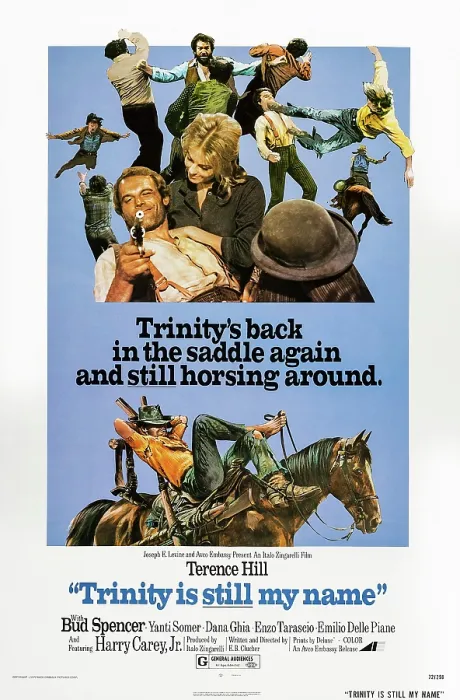 Framed Print : TRINITY IS STILL MY NAME, (aka...CONTINUAVANO A CHIAMARLO TRINITA), US poster art, Bud Spencer, (top center), Terence Hill, (pointing gun), 1972
