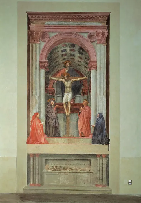 Framed Print : Trinity, by Tommaso di Ser Giovanni Cassai known as Masaccio, 1426 - 1428 about, 15th Century, fresco, cm 667 x 317 - Italy, Tuscany, Florence, Santa Maria Novella Basilica. All Framed Print : Trinity, by Tommaso di Ser Giovanni Cassai known as Masaccio, 1426 - 1428 about, 15th Century, fresco, cm 667 x 317 - Italy, Tuscany, Florence, Santa Maria Novella Basilica. All