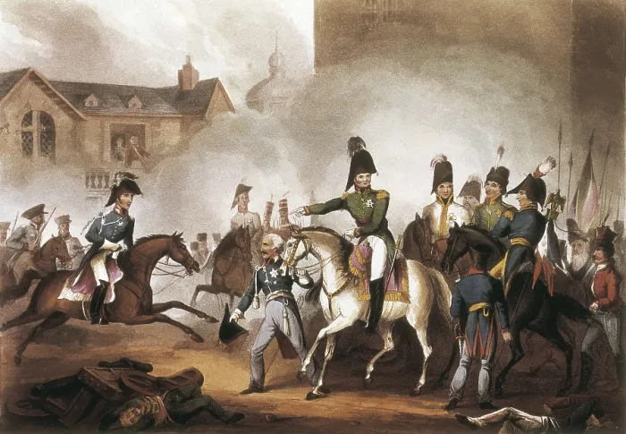 Framed Print : Triple Alliance. Meeting of the emperors of Russia, Austria, the king of Prussia and the Prince of Sweden in Leipzig (October 1813). Litography Framed Print : Triple Alliance. Meeting of the emperors of Russia, Austria, the king of Prussia and the Prince of Sweden in Leipzig (October 1813). Litography