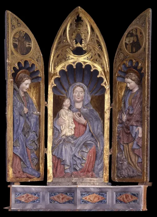 Framed Print : Triptych, by Giovan Pietro Malacrida, 1489, 15th Century, carved, painted and gilded wood - Italy, Lombardy, Mazzo di Valtellina, Church of Saint Mary. Whole artwork view Framed Print : Triptych, by Giovan Pietro Malacrida, 1489, 15th Century, carved, painted and gilded wood - Italy, Lombardy, Mazzo di Valtellina, Church of Saint Mary. Whole artwork view