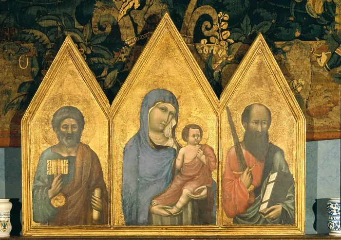 Framed Print : Triptych of the Madonna and the Child between St Peter and St Paul, by Lippo di Benivieni, 1300 - 1330 about, 14th Century, panel gold ground, - Italy, Tuscany, Florence Framed Print : Triptych of the Madonna and the Child between St Peter and St Paul, by Lippo di Benivieni, 1300 - 1330 about, 14th Century, panel gold ground, - Italy, Tuscany, Florence