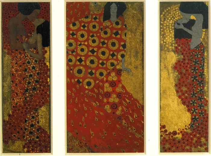 Framed Print : Triptych, by probably Gustav Klimt, 19th Century, - Austria, Stato Salisburghese, Salzburg, Salzburg, F. Welz Galleries (). All. Man woman couple Eros love kiss panels red gold Framed Print : Triptych, by probably Gustav Klimt, 19th Century, - Austria, Stato Salisburghese, Salzburg, Salzburg, F. Welz Galleries (). All. Man woman couple Eros love kiss panels red gold