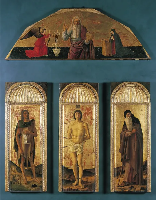 Framed Print : Triptych of St Sebastian, by co-workers and Gentile Bellini, Jacopo Bellini, Giovanni Bellini, 1460 - 1464, 15th Century, panel gold ground, - Italy, Veneto, Venice