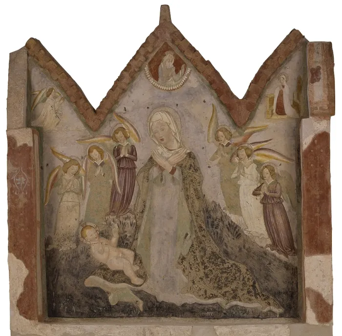 Framed Print : Triptych, by Unknown Artist, 1450, 15th Century, fresco with earthenware frame - Italy, Lombardy, Carpenedolo, Romanesque Church of Saint Mary in Carpino. Whole artwork view Framed Print : Triptych, by Unknown Artist, 1450, 15th Century, fresco with earthenware frame - Italy, Lombardy, Carpenedolo, Romanesque Church of Saint Mary in Carpino. Whole artwork view