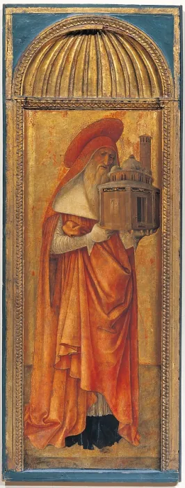 Framed Print : Triptych of the Virgin, by Giovanni Bellini, workshop of Jacopo Bellini, 1460 - 1464, 15th Century, panel, cm 60 x 166 - Italy, Veneto, Venice, Accademia Art Galleries. Detail