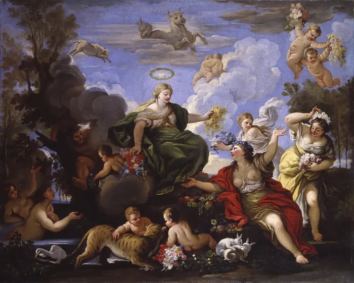 Framed Print : Triumph of Flora or Primavera, copy by Luca Giordano, 16th century, oil on canvas. - Italy, Lombardy, Milan, Castello Sforzesco, Civic Museum of Ancient Art. Whole artwork view Framed Print : Triumph of Flora or Primavera, copy by Luca Giordano, 16th century, oil on canvas. - Italy, Lombardy, Milan, Castello Sforzesco, Civic Museum of Ancient Art. Whole artwork view