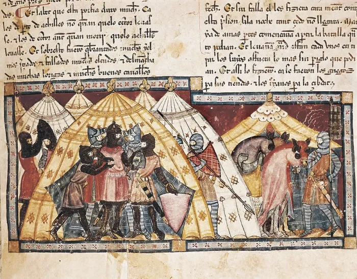 Framed Print : Trojan War. Antenor's captivity. Fol. 69r of the Codex Benito Santa Mora (15th c.). Gothic art. Miniature Painting. SPAIN. San Lorenzo de El Escorial