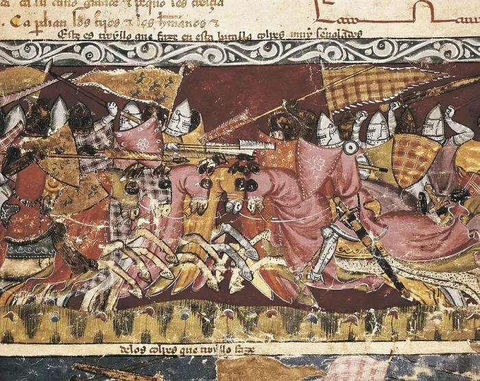 Framed Print : Trojan War. Battle between Greeks and Trojans. Fol. 110r of the Codex Benito Santa Mora (15th c.). Gothic art. Miniature Painting. SPAIN. San Lorenzo de El Escorial