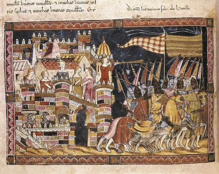 Framed Print : Trojan War. Trojans going to war. Fol. 86v of the Codex Benito Santa Mora (15th c.). Gothic art. Miniature Painting. SPAIN. San Lorenzo de El Escorial