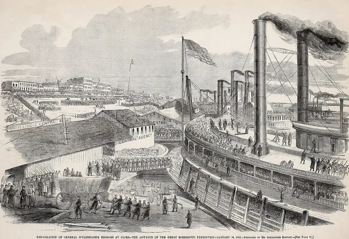 Framed Print : Several troop transport ships take on equipment, supplies, and soldiers at the docks of Fort Defiance at Cairo, Illinois