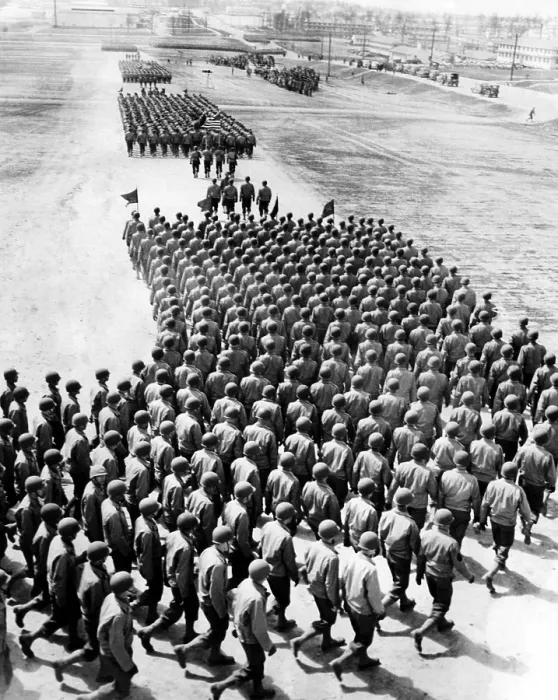 Framed Print : Troops of the new 75th infantry division march onto the drill field, Fort Leonard Wood, Missouri, April 17, 1943.. Courtesy: CSU Archives  /  Everett Collection