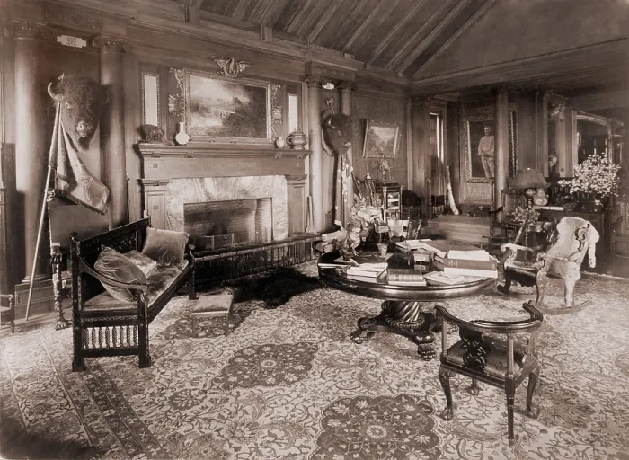 Framed Print : Trophy room at Sagamore Hill, summer home of President Theodore Roosevelt, with bison heads, bearskin rug, and battle standards. Ca. 1910 Framed Print : Trophy room at Sagamore Hill, summer home of President Theodore Roosevelt, with bison heads, bearskin rug, and battle standards. Ca. 1910