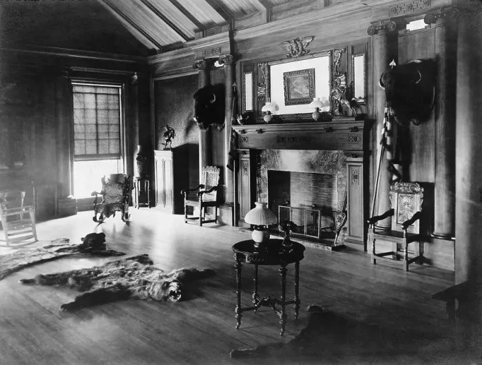 Framed Print : Trophy room at Sagamore Hill, summer home of President Theodore Roosevelt, with bison heads and a bearskin rug in front of a fireplace. Ca. 1905 Framed Print : Trophy room at Sagamore Hill, summer home of President Theodore Roosevelt, with bison heads and a bearskin rug in front of a fireplace. Ca. 1905