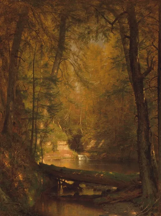 Framed Print : THE TROUT POOL, by Worthington Whittredge, 1870, American painting, oil on canvas. At age 29 he attended the Düsseldorf Academy and studied with Emanuel Leutze Framed Print : THE TROUT POOL, by Worthington Whittredge, 1870, American painting, oil on canvas. At age 29 he attended the Düsseldorf Academy and studied with Emanuel Leutze