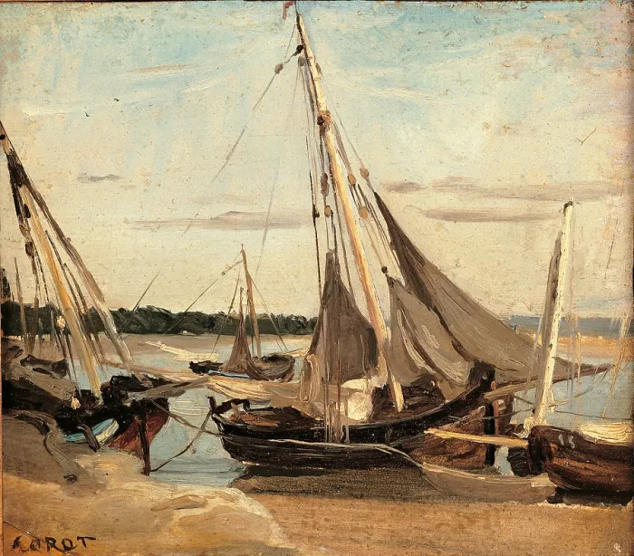 Framed Print : Trouville, Fishing Boats Stranded in the Channel, by Jean-Baptiste-Camille Corot, 1830 about, 19th Century, oil on canvas, cm 21 x 23, 5 - France, Ile de France, Paris