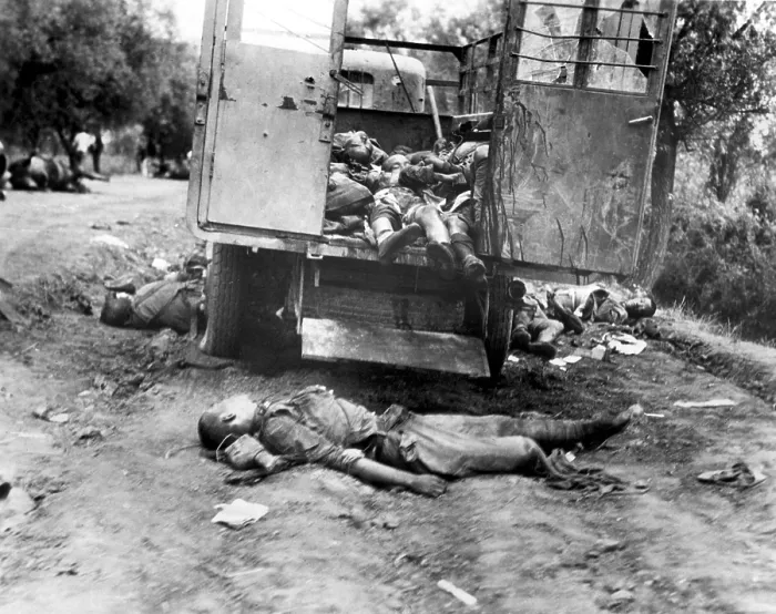 Framed Print : A truckload of dead Chinese soldiers on the Nanyuan Road, killed by a hidden machine gun as they attempted to escort a general and three officers to safety