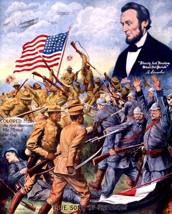 Framed Print : True sons of freedom, African American soldiers fighting German soldiers in World War I, and head and shoulders portrait of Abraham Lincoln above, text reads: Colored men Framed Print : True sons of freedom, African American soldiers fighting German soldiers in World War I, and head and shoulders portrait of Abraham Lincoln above, text reads: Colored men