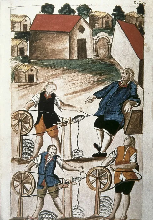 Framed Print : Trujillo del Per (end 18th c.): drawings and watercolours made by order of the bishop D. Baltasar Jaime Martnez Compan. Indians spinning. Engraving. SPAIN. Madrid