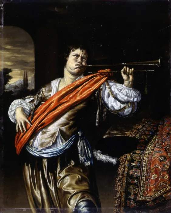 Framed Print : Trumpet Player, by Willem van Mieris, 1675 - 1685, 17th Century, oil on board, 37 x 31 cm - Italy, Lombardy, Milan, Castello Sforzesco, Civic Collection of Ancient Art Framed Print : Trumpet Player, by Willem van Mieris, 1675 - 1685, 17th Century, oil on board, 37 x 31 cm - Italy, Lombardy, Milan, Castello Sforzesco, Civic Collection of Ancient Art