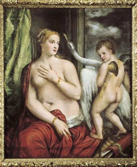Framed Print : TTITIA, Tiziano Vecello, also called (1490-1576). Leda and the Swan. Renaissance art. Cinquecento. Venetian school. Oil on canvas. ITALY. Turin