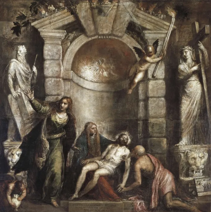 Framed Print : TTITIA, Tiziano Vecello, also called (1490-1576). Piet. 1576. Renaissance art. Cinquecento. Oil on canvas. ITALY. Venice. Gallerie dell'Accademia (Academy Gallery)