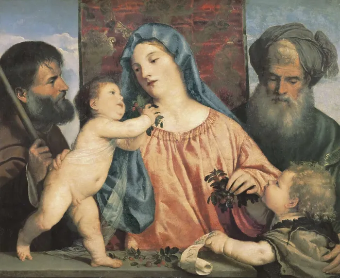 Framed Print : TTITIA, Tiziano Vecello, also called (1490-1576). Madonna of the Cherries. 1516 - 1518. Virgin and child with Joseph, St. Zacharias and St. John the Baptist. Renaissance art