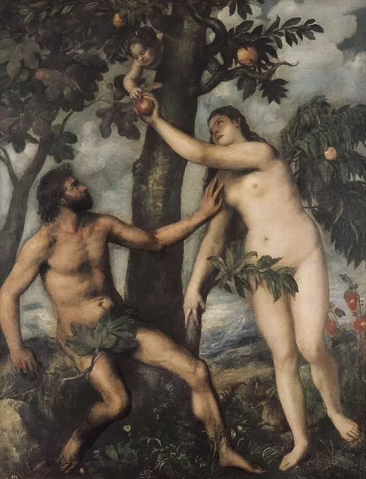 Framed Print : TTITIA, Tiziano Vecello, also called (1490-1576). Adam and Eve. 1560. Renaissance art. Cinquecento. Oil on canvas. SPAIN. Madrid. Prado Museum
