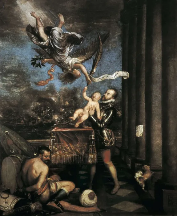 Framed Print : TTITIA, Tiziano Vecello, also called (1490-1576). Allegory of the Battle of Lepanto. 1573 - 1575. Renaissance art. Cinquecento. Oil on canvas. SPAIN. Madrid. Prado Museum