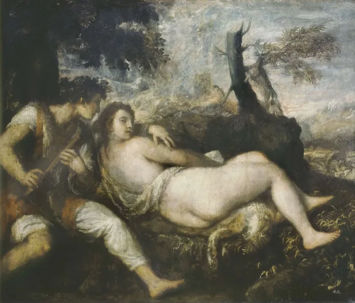 Framed Print : TTITIA, Tiziano Vecello, also called (1490-1576). Nymph and Shepherd (Ninfa e pastore). ca. 1570. Renaissance art. Cinquecento. Venetian school. Oil on wood. AUSTRIA. Vienna