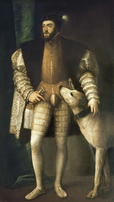 Framed Print : TTITIA, Tiziano Vecello, also called (1490-1576). The Emperor Charles V with his dog. 1532 - 1533. Portrait with his dog Framed Print : TTITIA, Tiziano Vecello, also called (1490-1576). The Emperor Charles V with his dog. 1532 - 1533. Portrait with his dog
