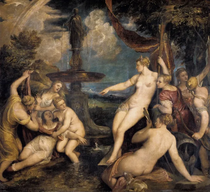 Framed Print : TTITIA, Tiziano Vecello, also called (1490-1576). Diana and Callisto (Diana e Callisto). ca. 1568. Renaissance art. Cinquecento. Venetian school. Oil on canvas. AUSTRIA. Vienna