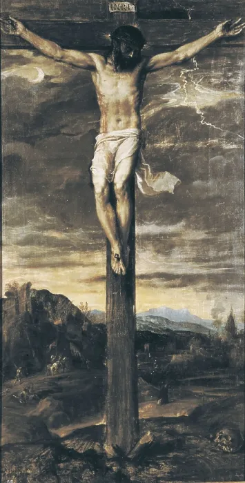 Framed Print : TTITIATiziano Vecelloalso called (1490-1576). Crucified Christ. 1555. SPAIN. San Lorenzo de El Escorial. Royal Monastery of San Lorenzo de El Escorial. Renaissance art